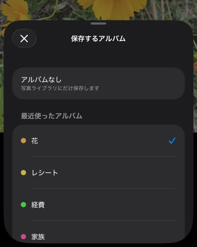 The Save to Album list (Japanese interface): No Album, then recent albums, with the first one selected.