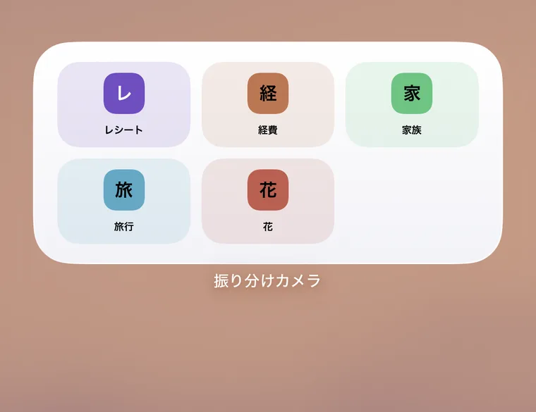 ホーム画面の振り分けカメラ ウィジェット。レシート・経費・家族・旅行・花の色付きタイルが並ぶ。